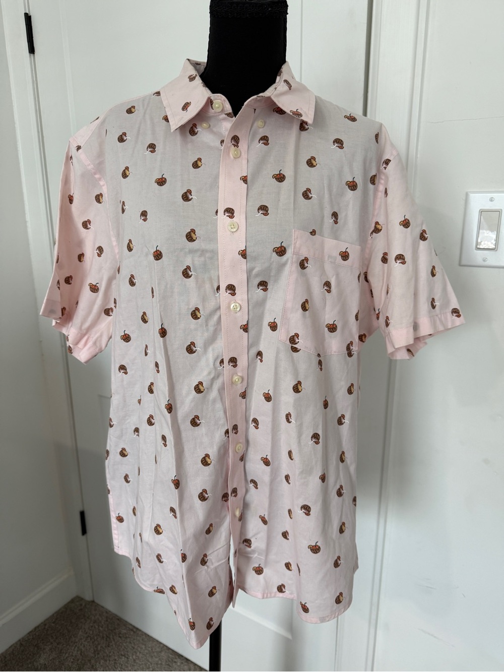 Men's Short-Sleeve Pink Button-Up Shirt with Coconut Cocktail Print